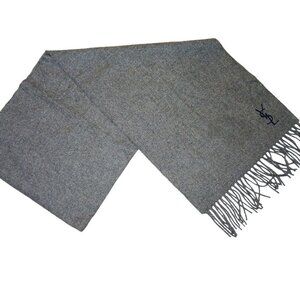 Yves Saint Laurent YSL Gray Blue Embroidered Wool Fringed Scarf Pre-Own…